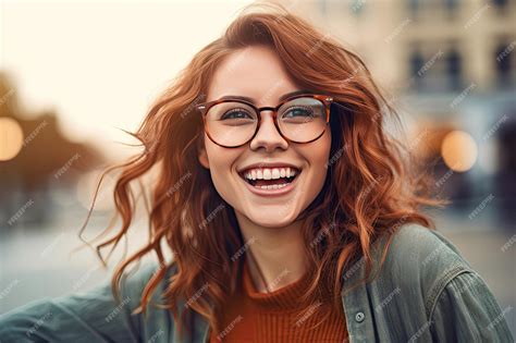 Premium Ai Image Happy Satisfied Woman Wearing Glasses Portrait Outside Generative Ai