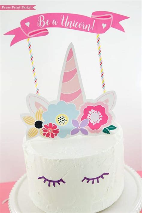 Unicorn Cake Topper Printable With Flowers Unicorn Party Press Print Party