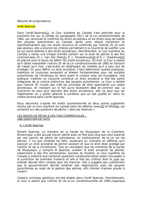 Résumé Jurisprudence Résumé de jurisprudence Arrêt Sparrow Dans l