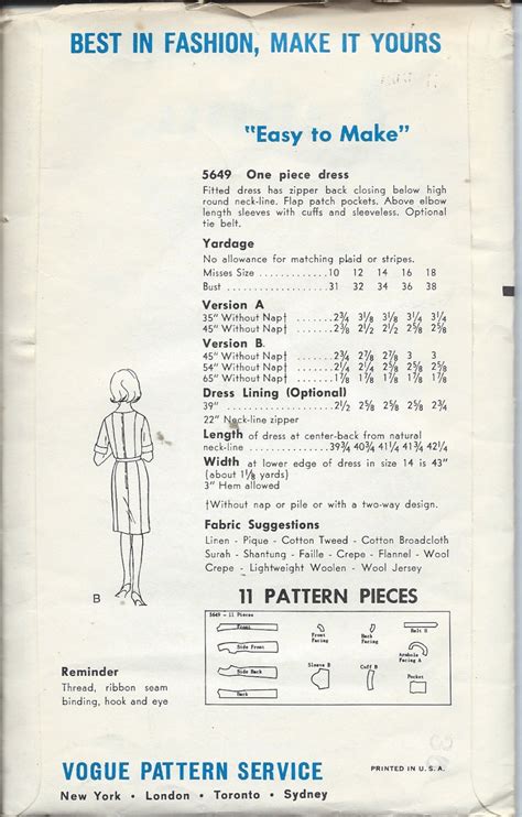 1960s Vogue Sewing Pattern No 5649 Semi Fitted Sheath Dress With Round Neckline And Patch