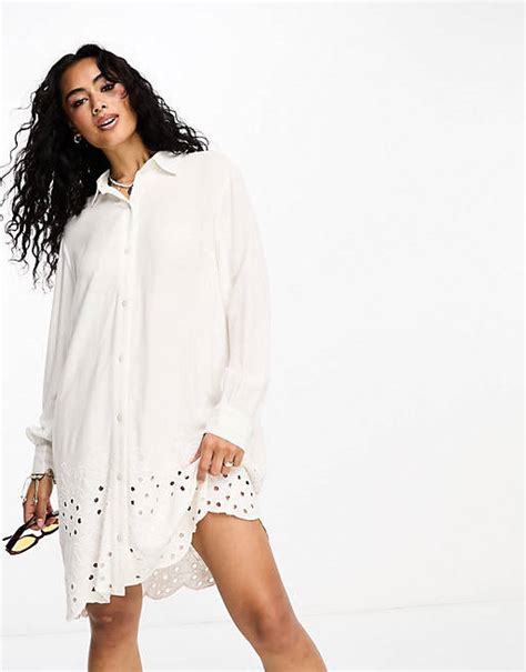 Accessorize Long Sleeve Shirt Summer Dress With Broderie Hem In White Asos