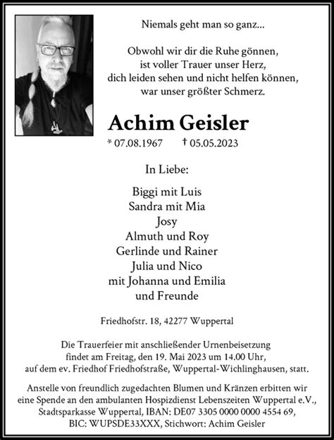 Traueranzeigen Von Achim Geisler Trauer Und Gedenken