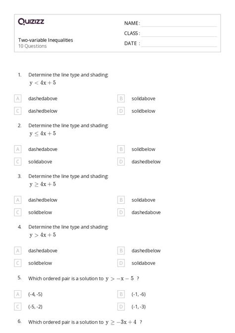 50 Two Variable Inequalities Worksheets For 9th Grade On Quizizz Free And Printable