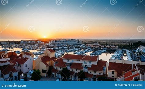 High Perspective View Of Sunset At Vilamoura Marina Algarve Portugal