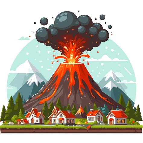 Premium Vector A Volcano Erupts In The Middle Of A Forest With Houses