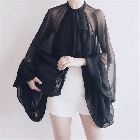 Chiffon Transparent Bowknot Lantern Sleeve Blouse Black L Ifon