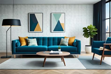 Premium AI Image | The blue sofa is made of geometric shapes and the color scheme is a striking ...