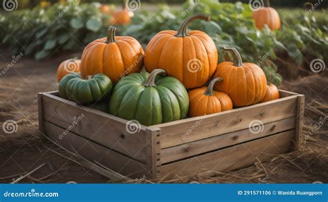 Pumpkins In A Wooden Box On A Pumpkin Patch Farm Fall Autumn Season Ai