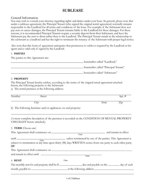 Free Printable Sublease Agreement Forms Printable Forms Free Online