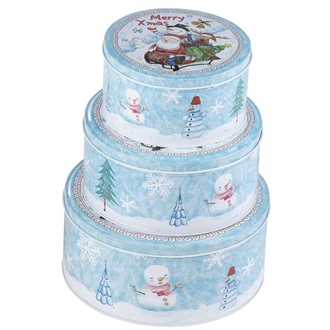 Set Of 3 Round Christmas Cookie Tins With Lids Food Storage Container