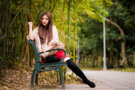 4k Asian Bokeh Bench Brown Haired Sitting Legs Wearing Boots Hd Wallpaper Rare Gallery