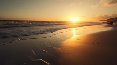 Una Playa Al Atardecer Con Un Dorado Atardecer De Fondo Foto Premium