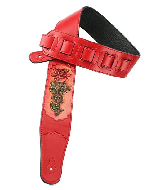 Hand Tooled Red Leather Guitar Strap With Red Rose Design Etsy