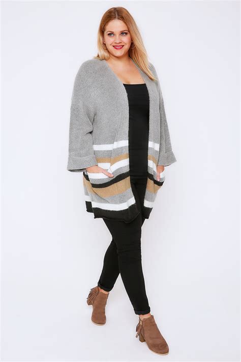 Grey And Multi Stripe Boucle Longline Cardigan Plus Size 16 To 32