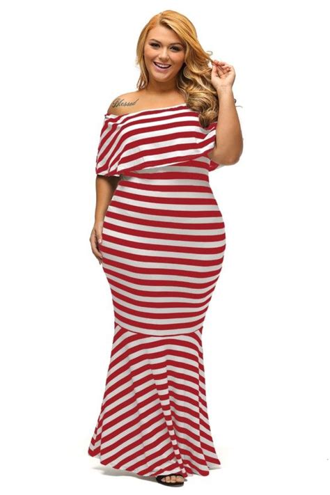 Red White Ruffle Striped Tube Plus Size Maxi Dress Dress Plus Size