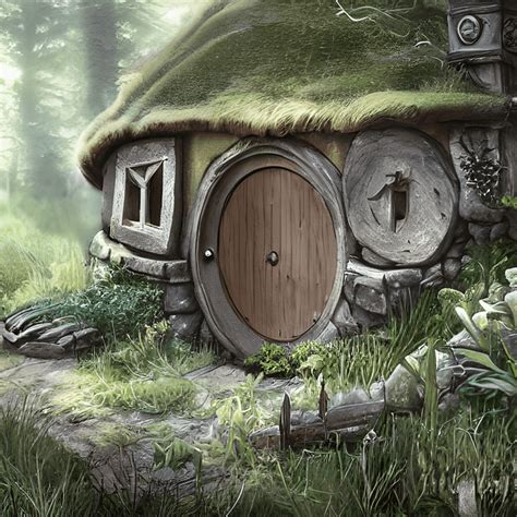 Hobbit Hütte Häuschen in überwucherten uralten Bäumen High Fantasy