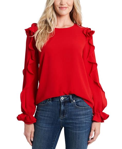 Cece Womens Ruffled Sleeve Long Sleeve Crew Neck Blouse Macys