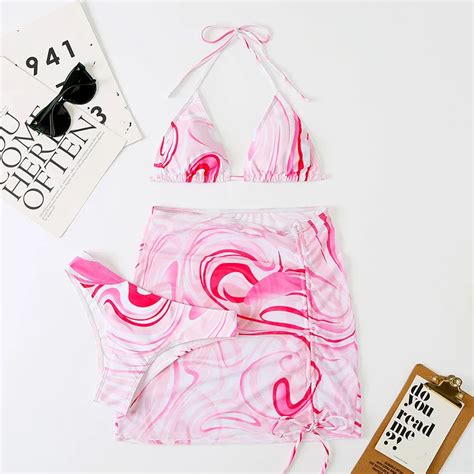 New Women S Drawstring Sexy Printing Split Three Piece Set Multi Color Bikini Swimwear Women S