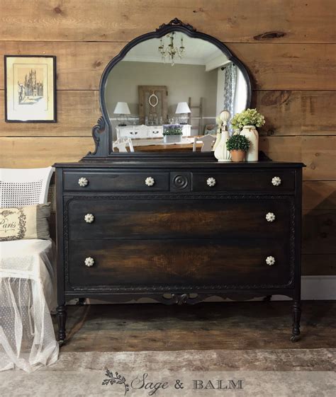 SOLD Black Shabby Chic Distressed Antique Painted Dresser With Mirror