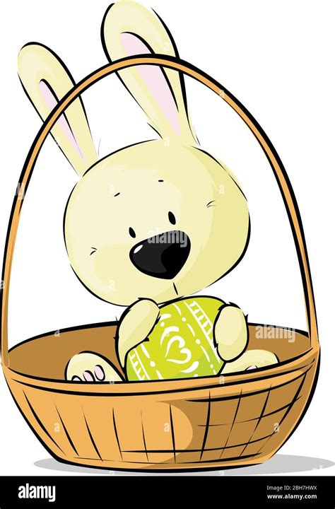 Cute Easter Bunny Hold Egg Sitting In Basket Vector Illustration