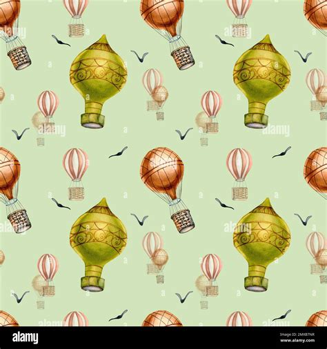 Retro Hot Air Balloon Vintage Style Watercolor Seamless Pattern