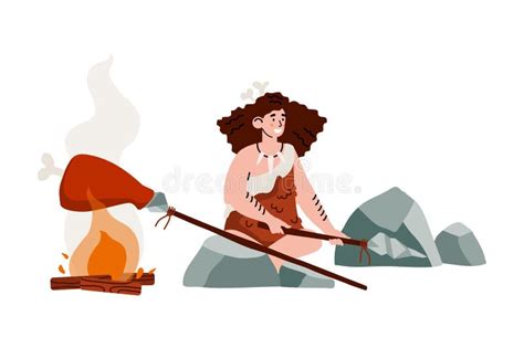 Primitive Cave Man Of Stone Age Sitting Near Fire And Rock With Art Drawings Stock Vector