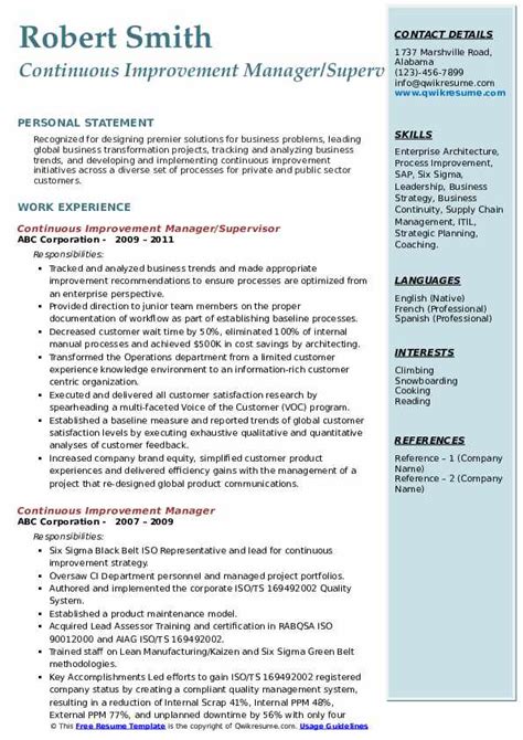 Continuous Improvement Manager Resume Samples QwikResume