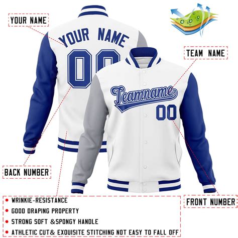 Custom White Royal White Raglan Sleeves Varsity Full Snap Letterman Ja