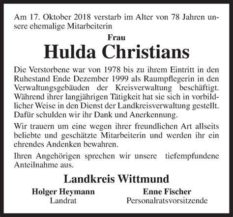 Traueranzeigen Von Hulda Christians Nordwest Trauer De