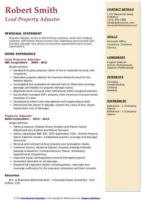 Property Adjuster Resume Samples Qwikresume