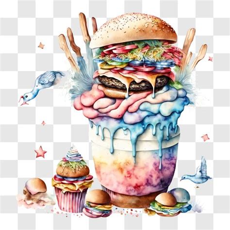 Download Colorful Painting of Elaborately Decorated Burger, Cupcakes ...