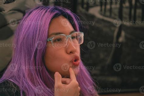 portrait of glasses Asian female with purple hair color 22213556 Stock ...