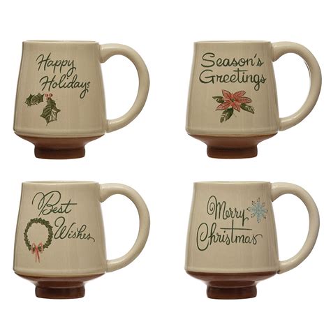 Christmas Winter Greeting Coffee Mugs Holiday Stoneware - Set of 4 ...