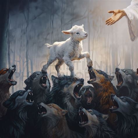 A Brave Lamb Walks Over Top Of Growling Wolves Just To Get To Jesus In