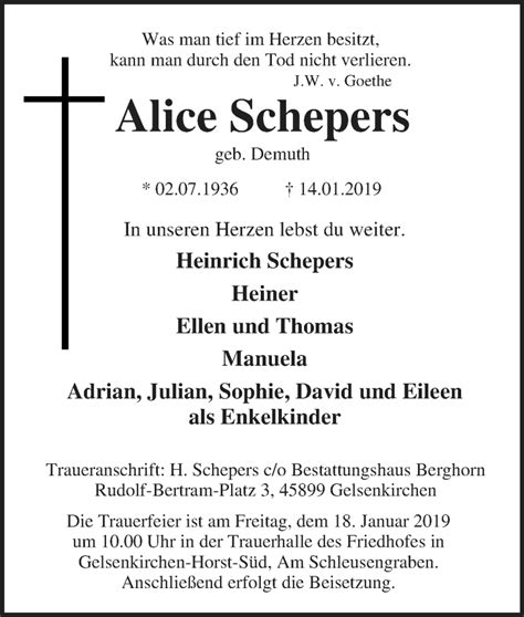 Traueranzeigen Von Alice Schepers Trauer In NRW De