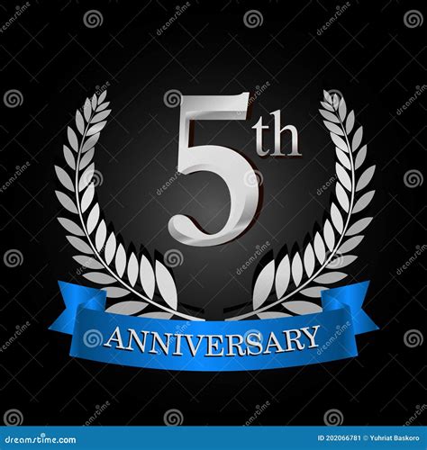 5th Anniversary Logo With Blue Ribbon And Laurel Wreath Vector Template For Birthday