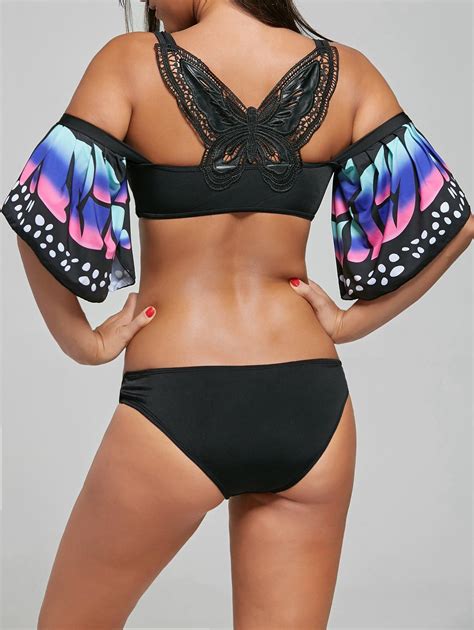 2018 Butterfly Sleeves Crochet Back Bikini Set In Black 2xl Rosegal