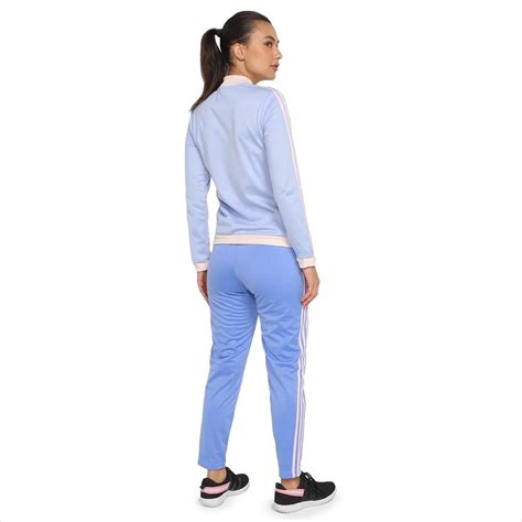 Conjunto Agasalho Adidas Essentials 3 Stripes Feminino Azul Claro Rosa