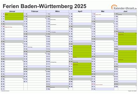 Ferien Baden-Württemberg 2025 - Ferienkalender zum Ausdrucken