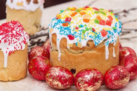 Easter Cakes or Kulich, Paska, Bread with Painted Eggs Stock Photo - Image of religion, dessert ...