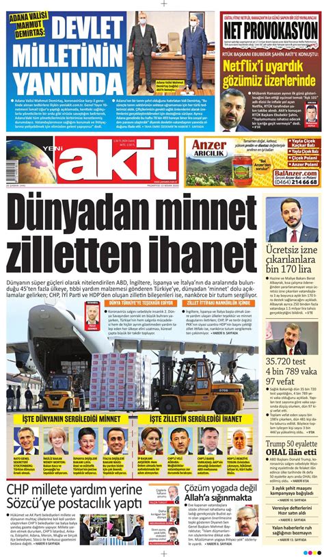 Nisan Pazartesi Tarihli Yeni Akit Gazetesi Man Eti Memurlar Net