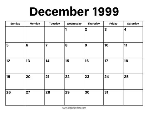 December 1999 Calendar Printable Old Calendars