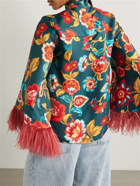 La Doublej Make An Exit Feather Trimmed Floral Print Silk Twill Top