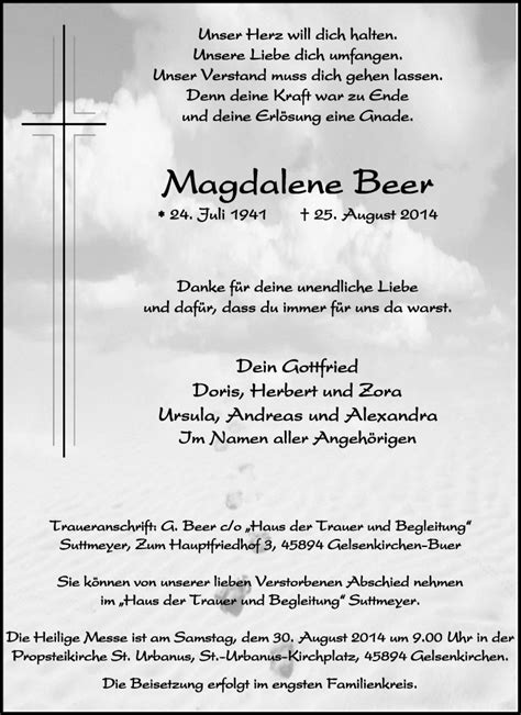 Traueranzeigen Von Magdalene Beer Trauer In NRW De