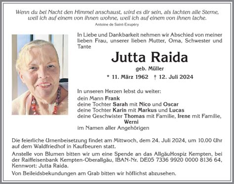 Traueranzeigen Von Jutta Raida Augsburger Allgemeine Zeitung