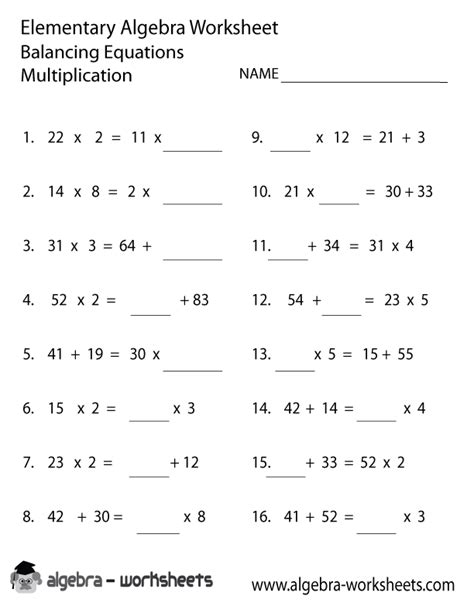 Balancing Equations Elementary Algebra Worksheet Printable