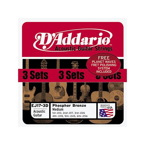 Daddario Ej17 Phosphor Bronze Light Acoustic Guitar Strings 3 Pack Wfret Polish Paper