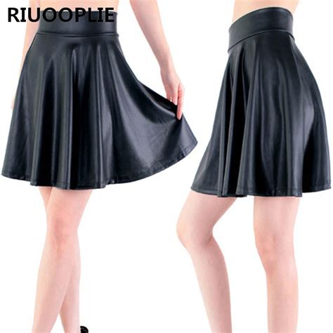 Riuooplie High Waist Faux Leather Skater Flare Skirt Casual Mini Skirt