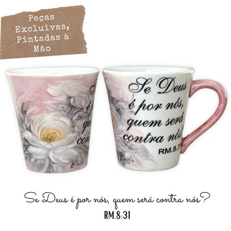 Caneca Tulipa Cônica Chá Café De Porcelana 190 Ml Pintada À Mão Salmos