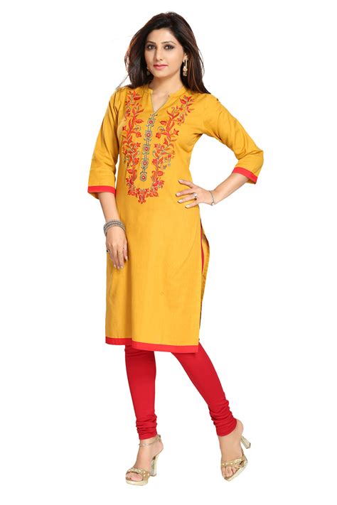 Magical Mustard Cotton Multicolor Embroidered Designer Kurti Tunic Size 44 33832 Buy Online